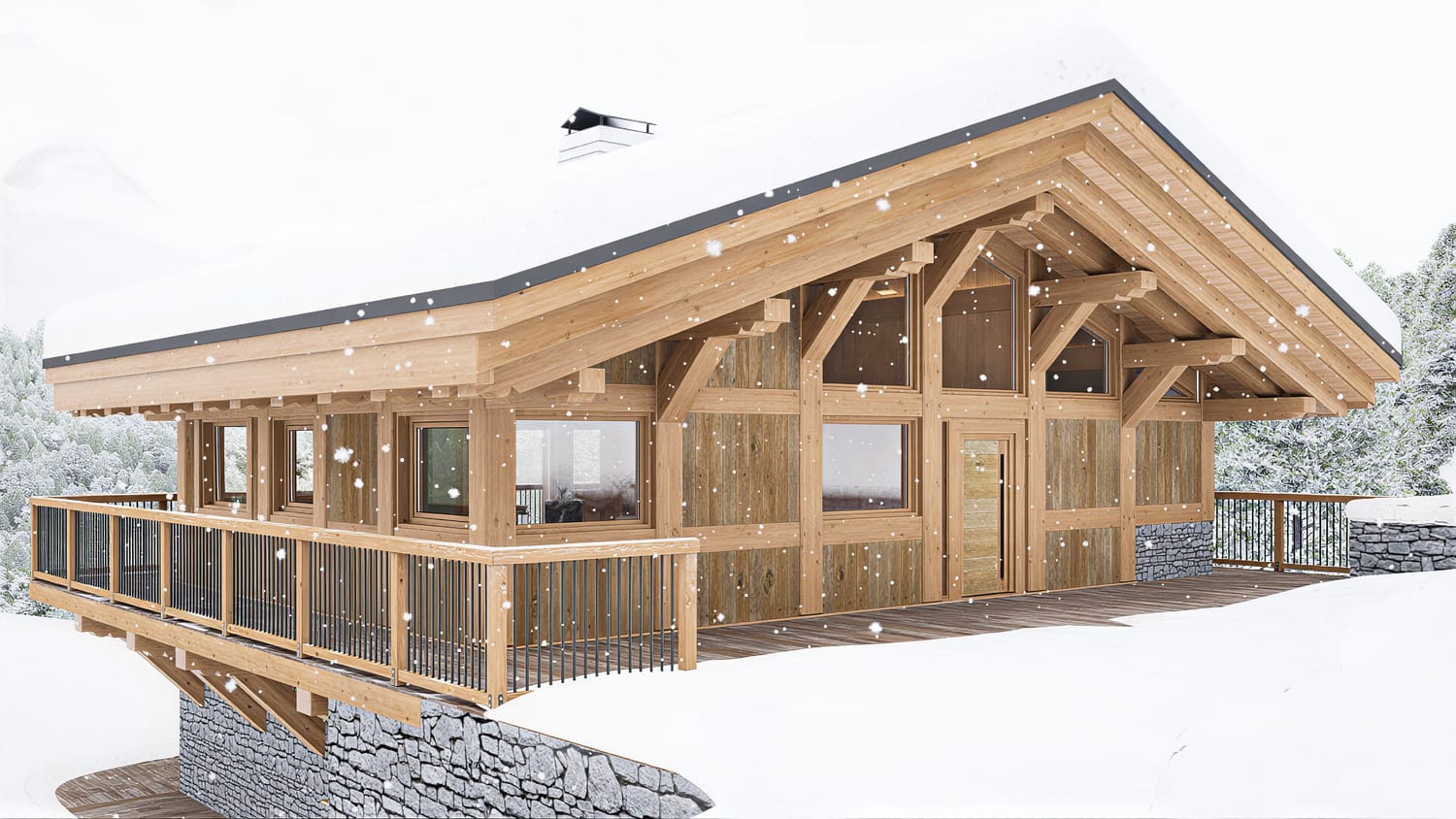 Chalet vue de l'arrière sous la neige