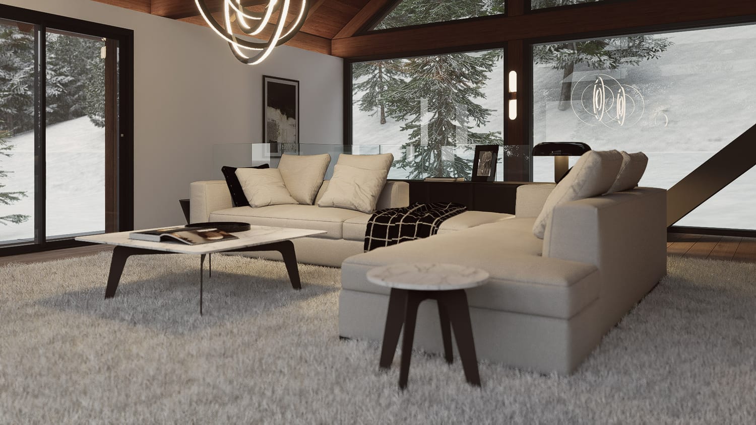 Salon moderne dans un chalet alpin 