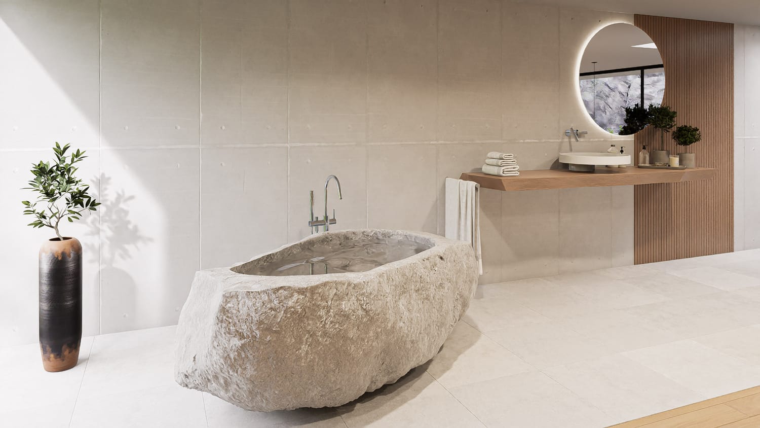 Salle de bain avec baignoire en pierre