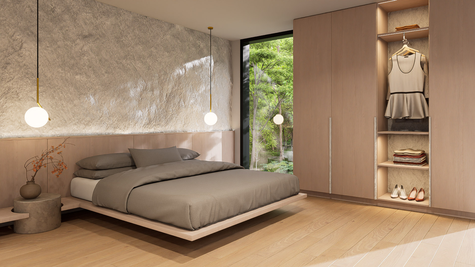 Chambre avec pierre et bois