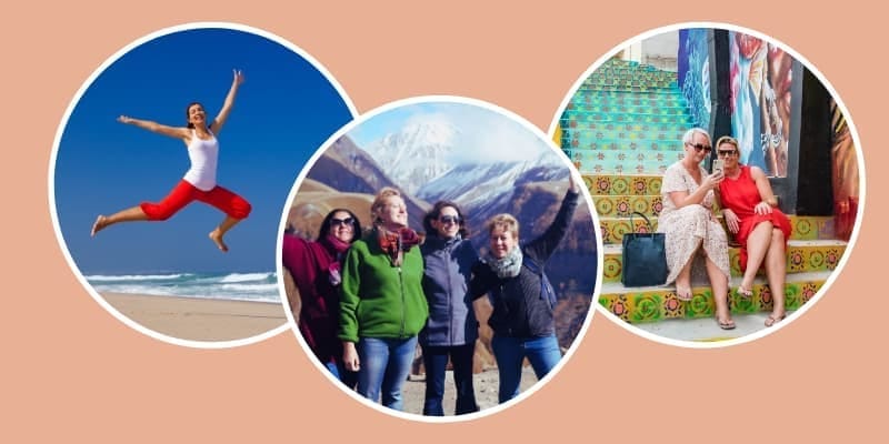 Midlife neurodivergent women celebrating travel—leaping on a beach, posing after a mountain road trip, and relaxing on colorful steps in friendship.