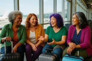 Four neurodivergent midlife women with carry-on luggage at their airport gate, chatting and excited for their group travel journey ahead.