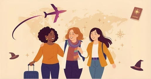 Three diverse midlife neurodivergent women walking with luggage and daypacks, smiling and talking, with travel and witchy symbols on a world map background.