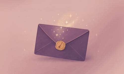Magical envelope sealed with a witch's broom emblem, symbolizing travel, community, and connection for midlife neurodivergent women.