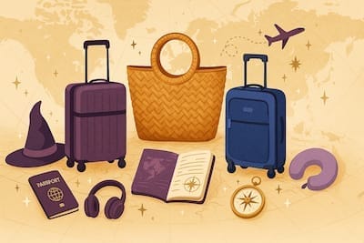 World map with plane, witch’s hat, suitcases, and travel essentials for midlife neurodivergent women seeking joyful adventures.