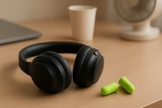 Black over-ear noise-canceling headphones on a wooden desk with two neon-green foam earplugs in soft natural light.