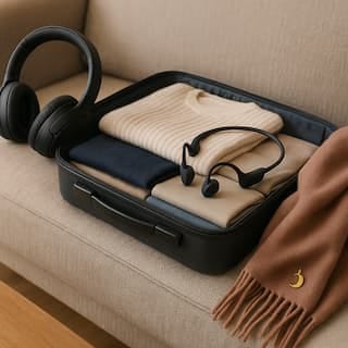 Open suitcase on a cozy couch with folded clothes, over-ear headphones on the armrest, and a caramel scarf with a small crescent-moon pin; bone-conduction headphones rest on the suitcase.