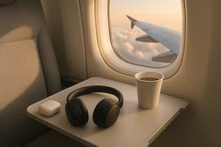 Over-ear headphones on an airplane tray table beside a small earplug case and a steaming cup; clouds and wing visible through the window.