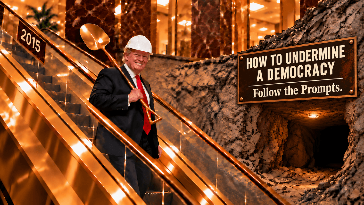 Donald Trump on a gold escalator beside an underground excavation, with a sign reading “How to Undermine a Democracy."