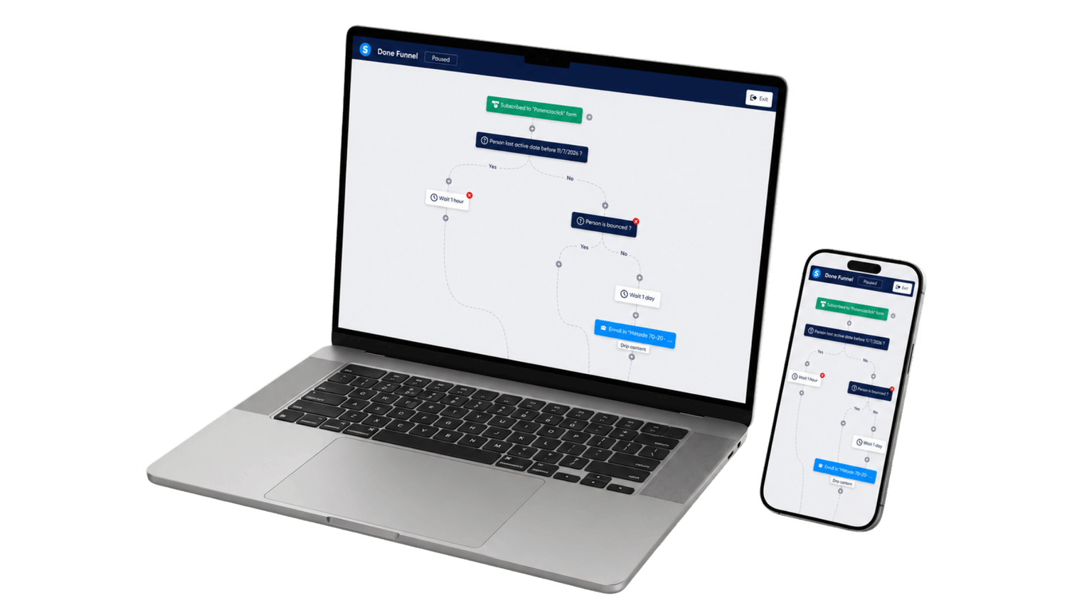 DoneFunnel workflow builder displayed on a laptop and mobile phone