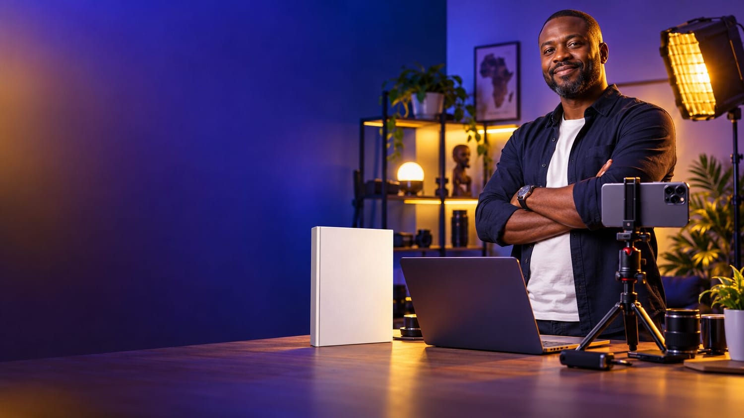 Créateur africain préparant une vidéo avec un smartphone et un ordinateur