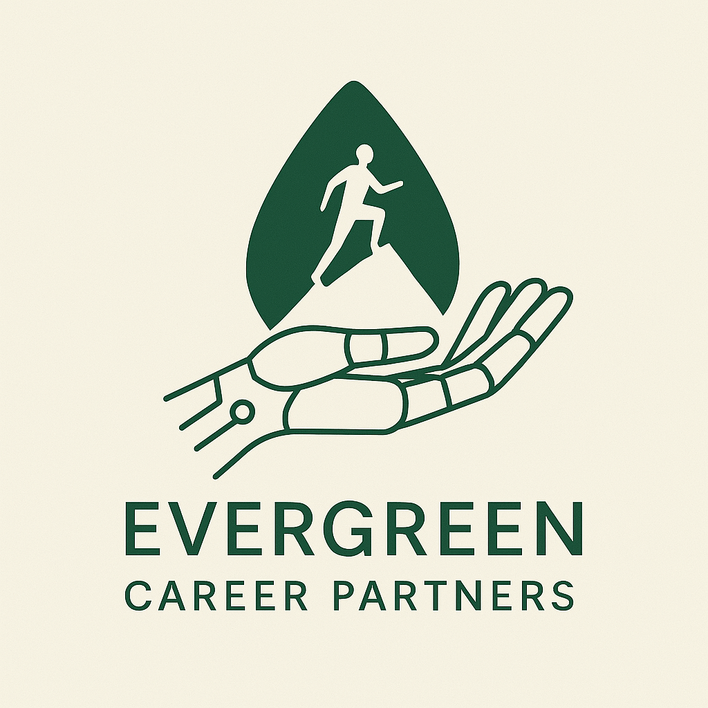 Evergreen Career Partners logo with robotic hand and climbing person.