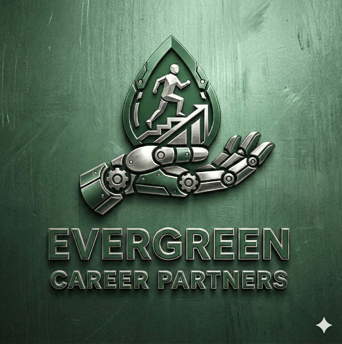 Evergreen Career Partners logo with robotic hand and climbing person.