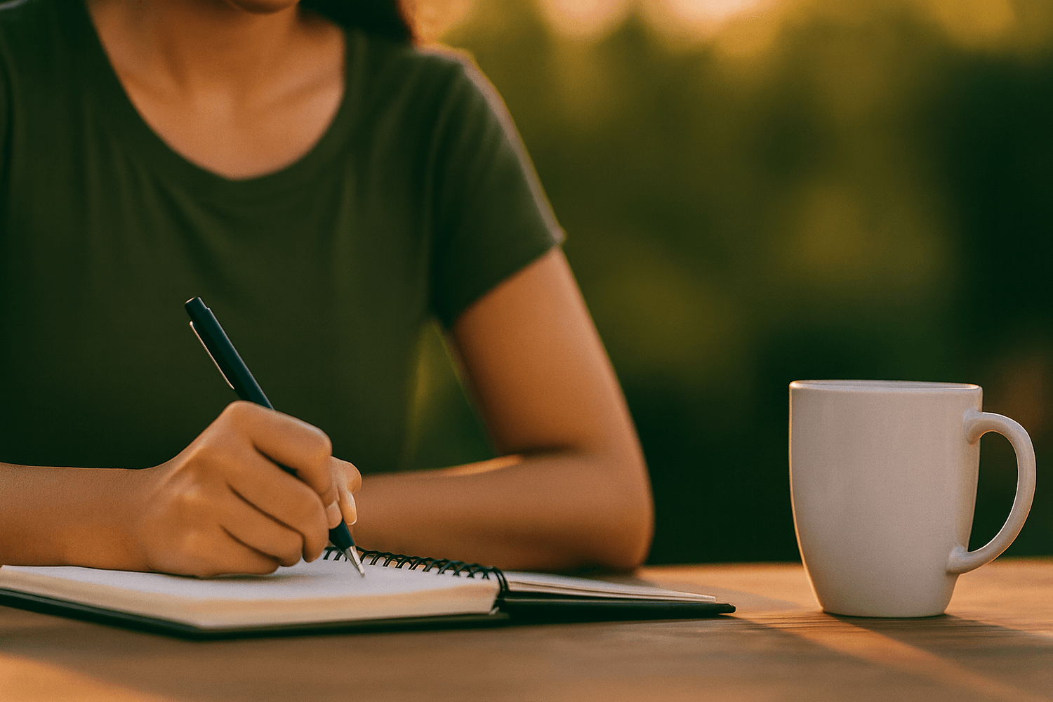 Person writing in a journal with coffee cup beside them — symbolising fresh insights, reflection, and mental clarity.
