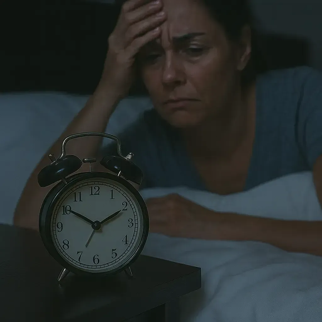 Woman experiencing insomnia and anxiety, lying awake in bed with alarm clock, symbolising sleep issues and stress