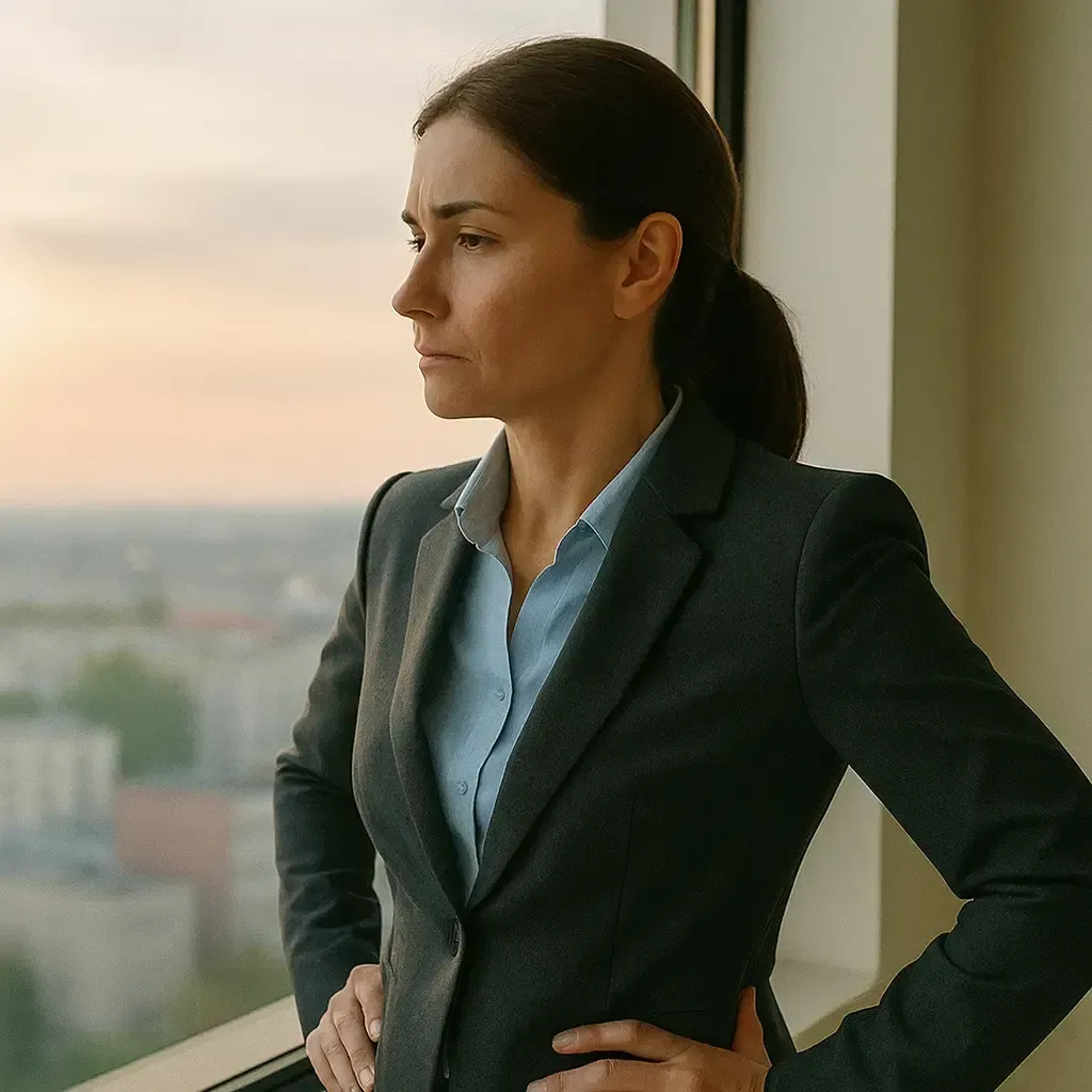 Stressed businesswoman gazing out office window, representing professional burnout and emotional exhaustion