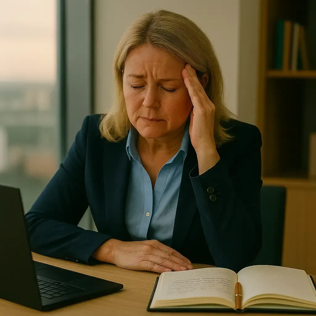Overwhelmed woman at desk with laptop and notebook, holding head in frustration, reflecting indecision and overthinking