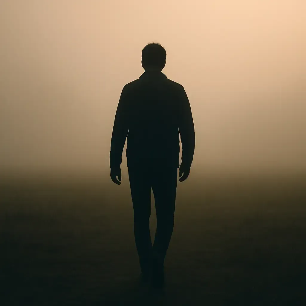 Silhouette of man walking alone in foggy field, symbolizing personal identity struggles and uncertainty about direction