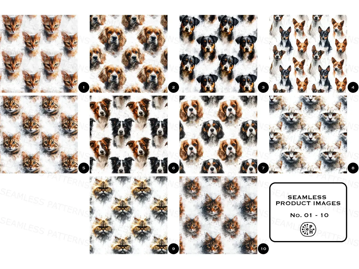 Pastel Pet Faces Watercolor Seamless Pattern Bundle | 20 Soft Textured Digital Images for Crafting and Design
