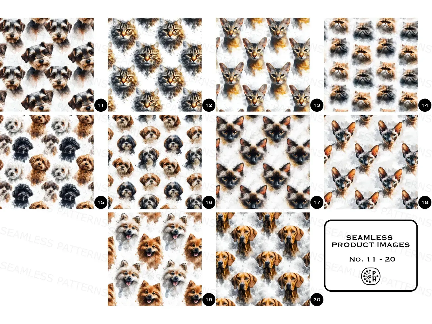 Pastel Pet Faces Watercolor Seamless Pattern Bundle | 20 Soft Textured Digital Images for Crafting and Design