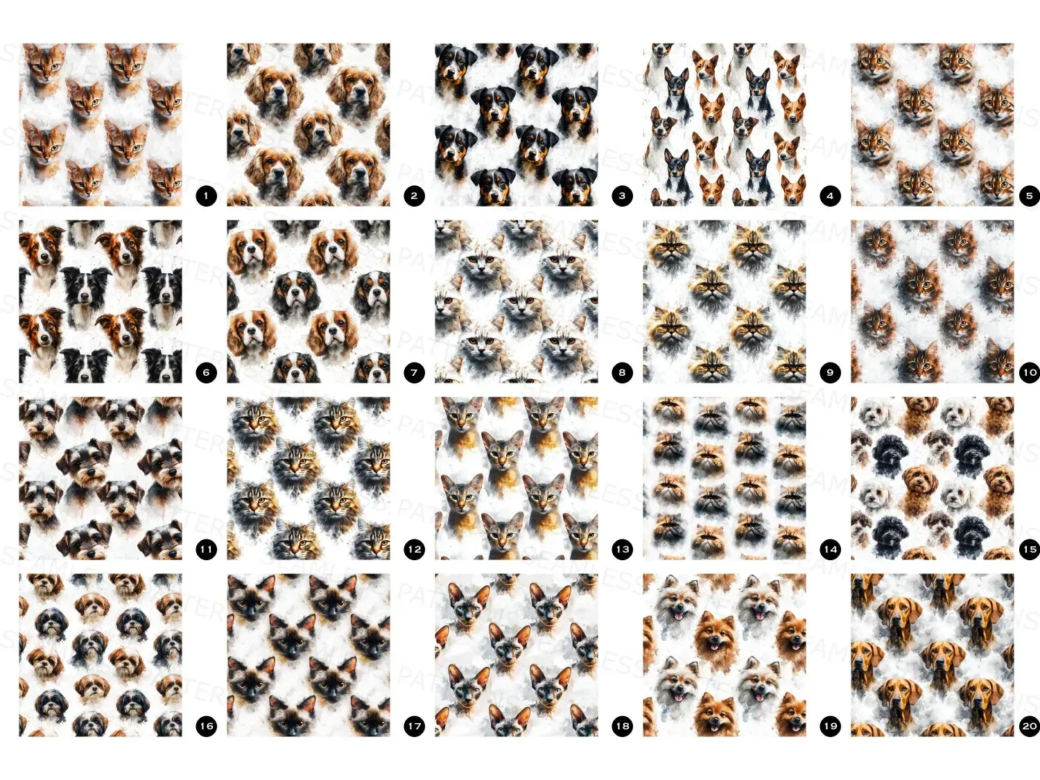 Pastel Pet Faces Watercolor Seamless Pattern Bundle | 20 Soft Textured Digital Images for Crafting and Design