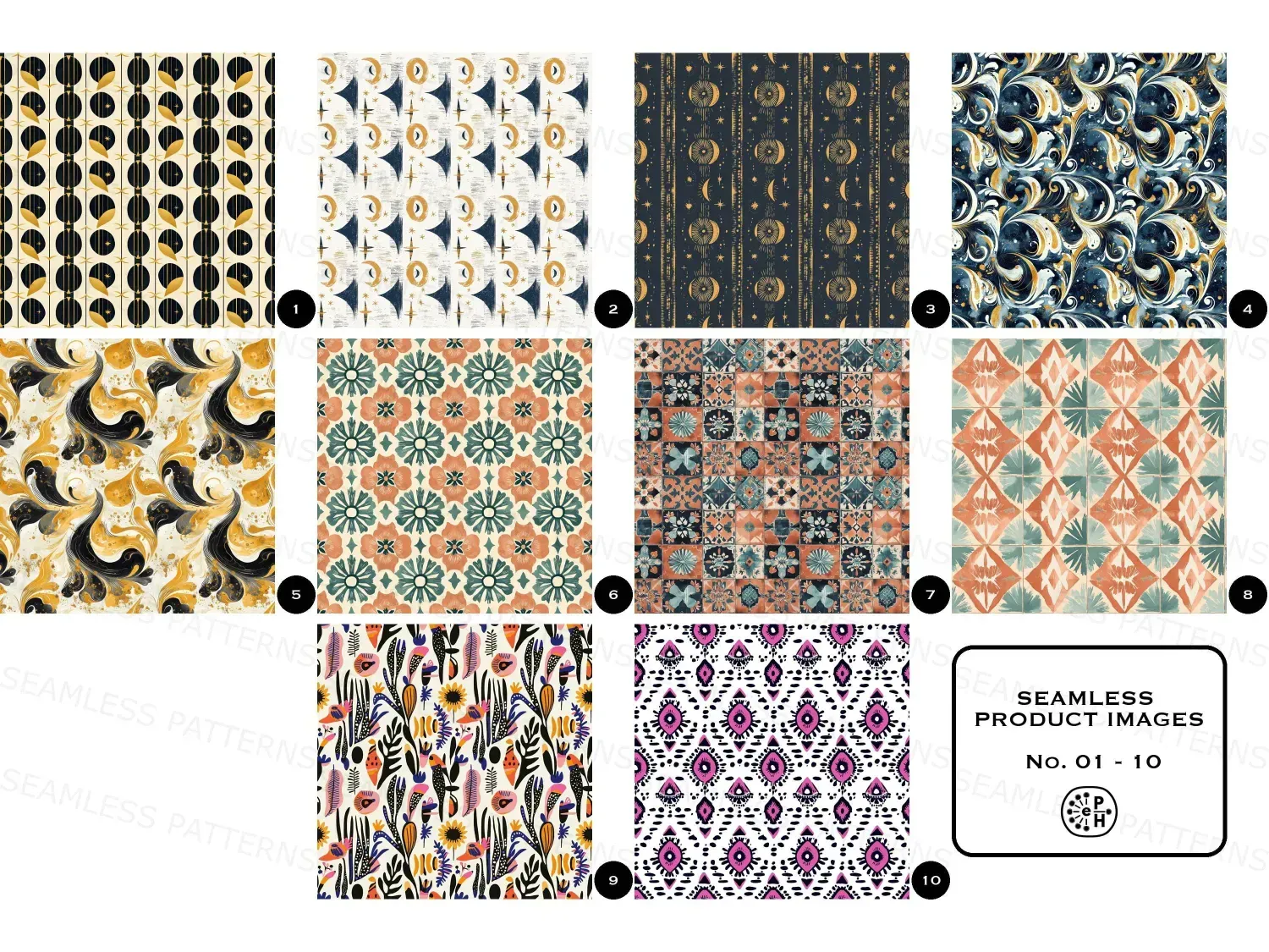 Unveil Ibiza's magic with 20 unique digital patterns\u2014dreamy moons, tribal swirls, and warm tiles. Transform your space now!