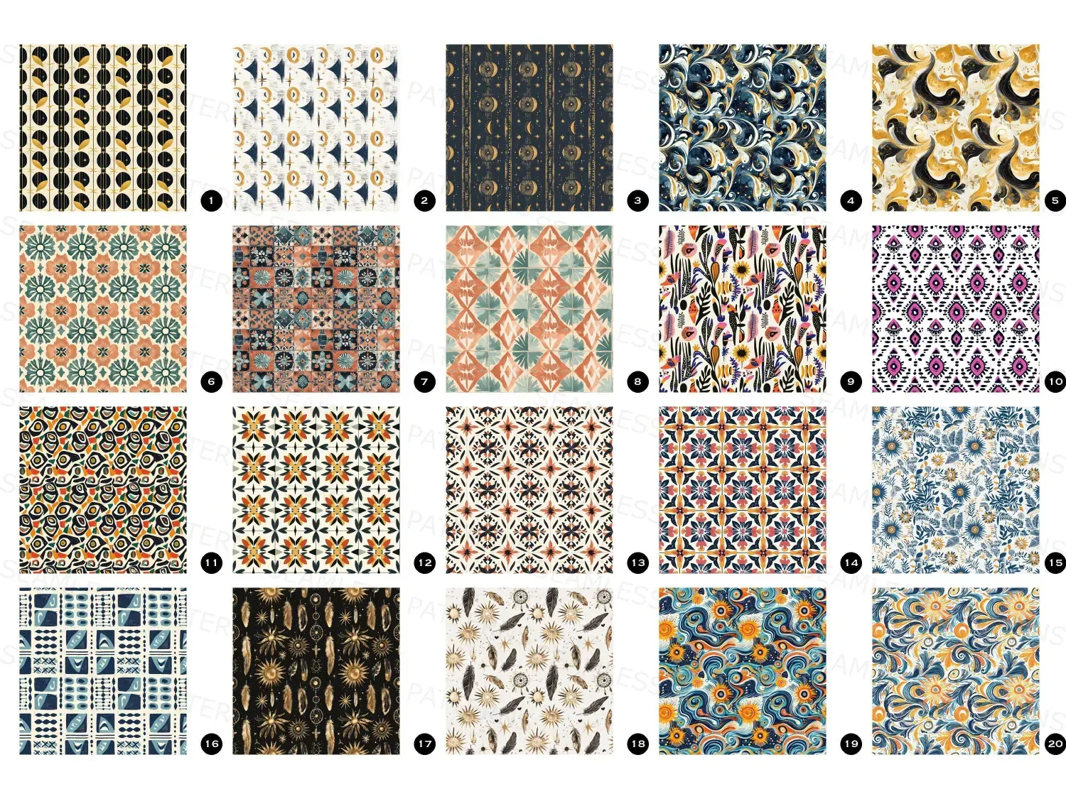 Unveil Ibiza's magic with 20 unique digital patterns\u2014dreamy moons, tribal swirls, and warm tiles. Transform your space now!