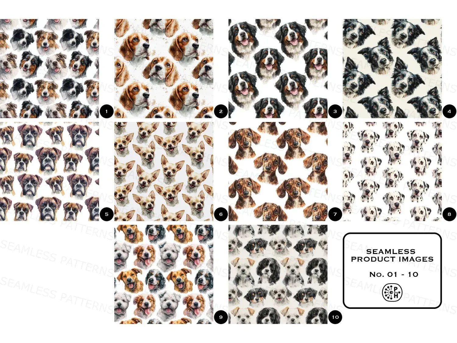 Adorn your space with 20 whimsical watercolor dog face seamless patterns in soft pastels. Download this heartwarming bundle today!