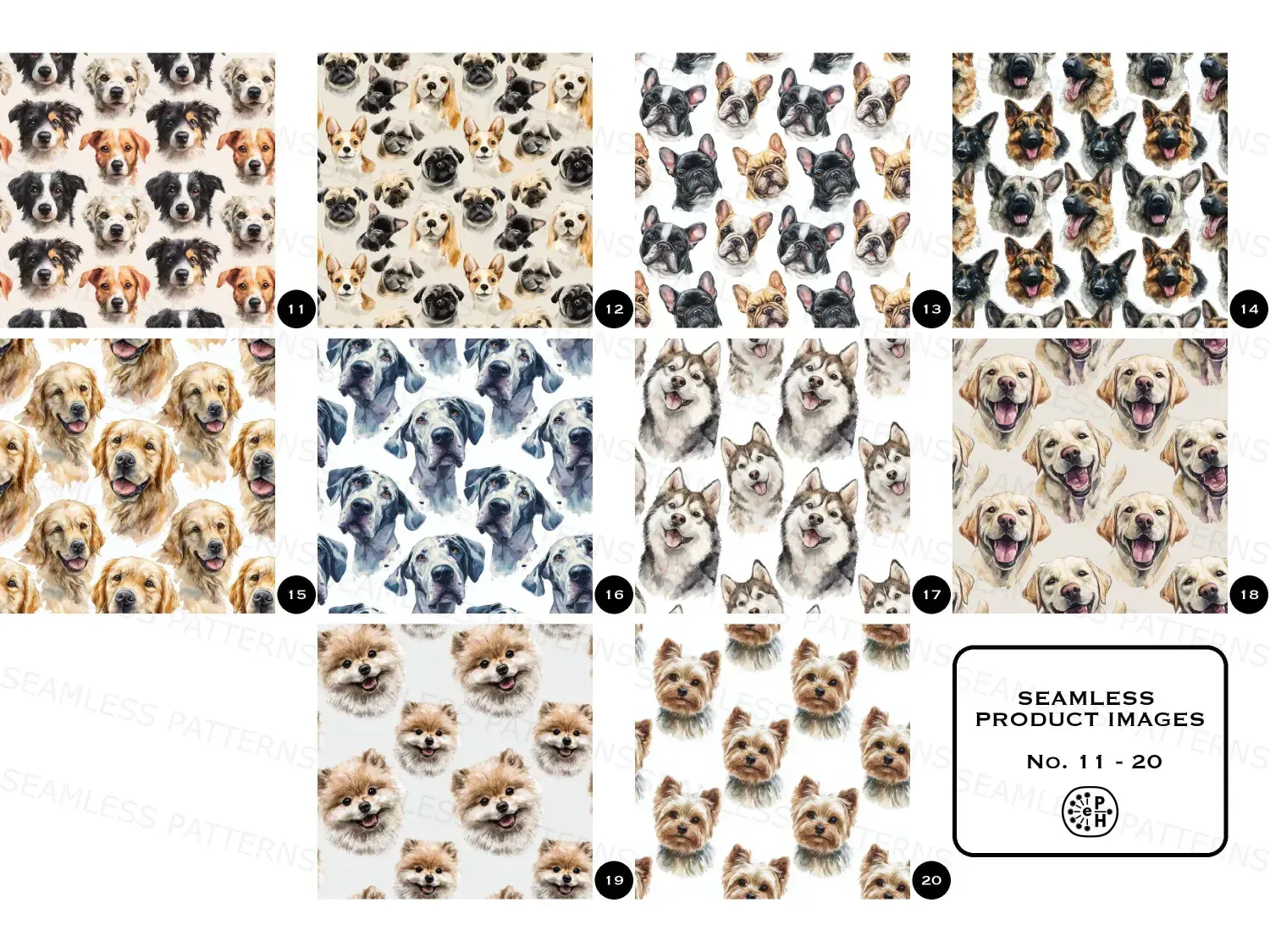 Adorn your space with 20 whimsical watercolor dog face seamless patterns in soft pastels. Download this heartwarming bundle today!
