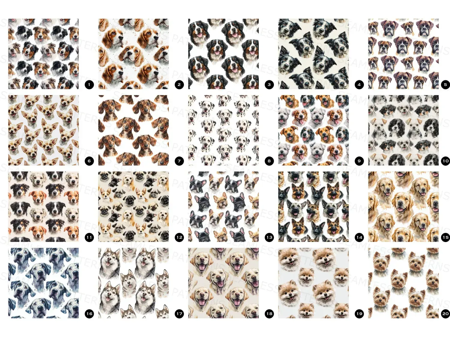 Adorn your space with 20 whimsical watercolor dog face seamless patterns in soft pastels. Download this heartwarming bundle today!