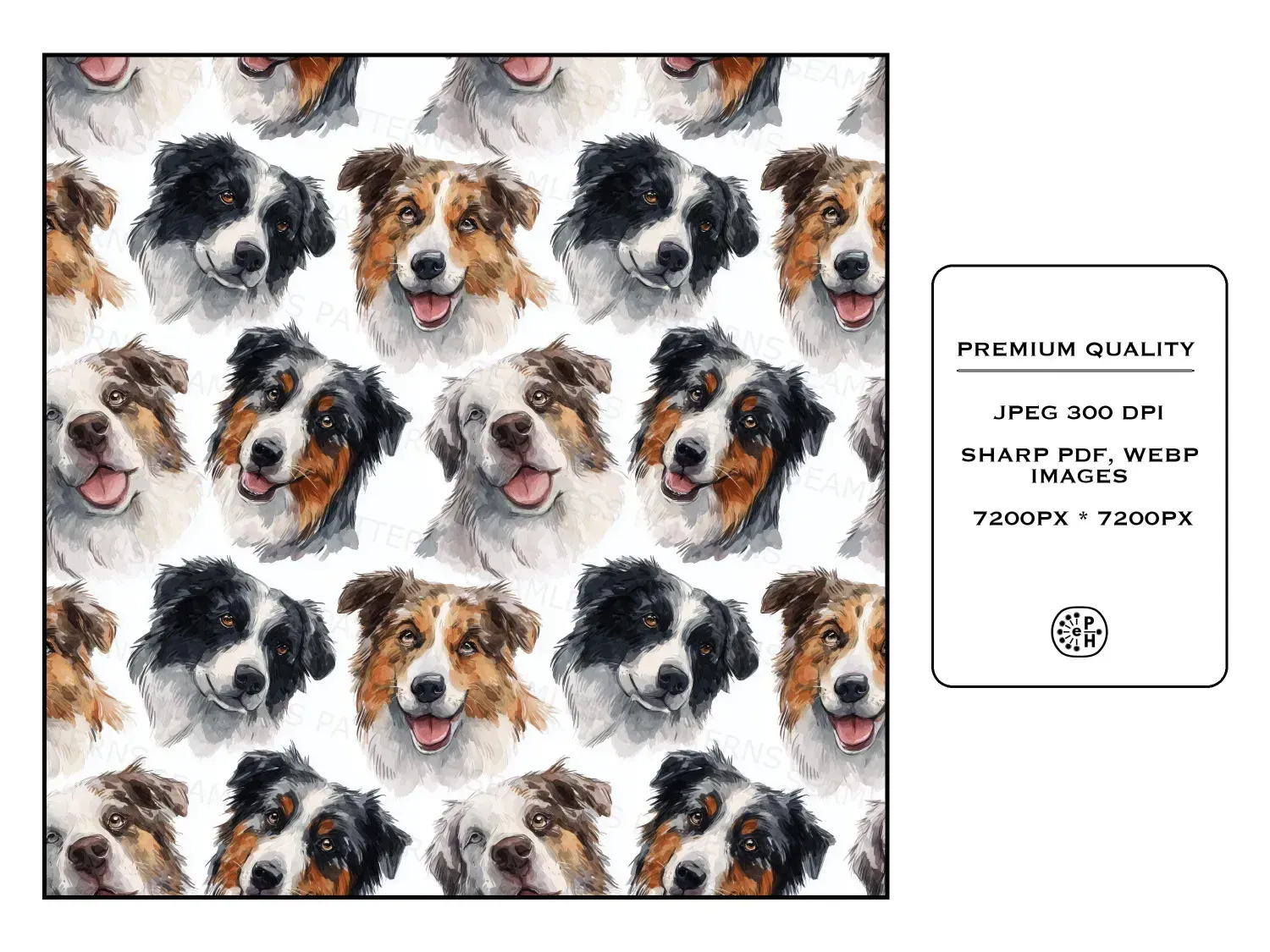 Adorn your space with 20 whimsical watercolor dog face seamless patterns in soft pastels. Download this heartwarming bundle today!