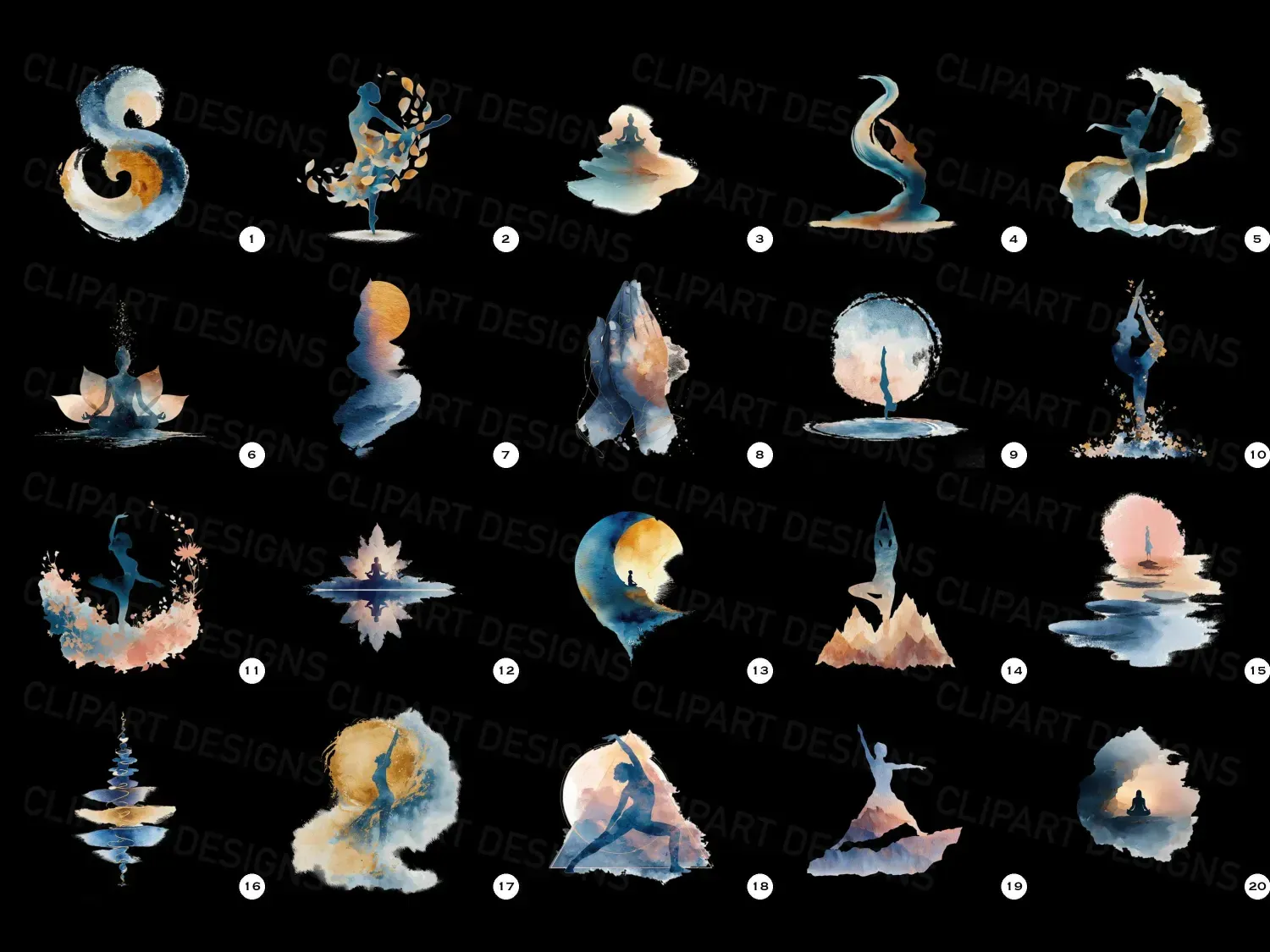 Embrace tranquility with 20 serene watercolor yoga cliparts images. Transform your space into a peaceful retreat. Explore now!