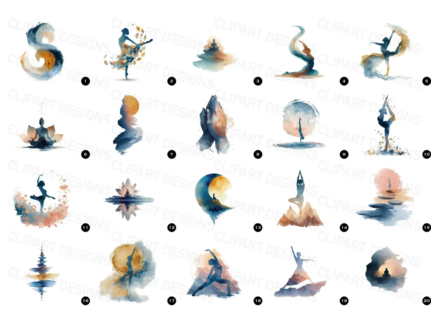 Embrace tranquility with 20 serene watercolor yoga cliparts images. Transform your space into a peaceful retreat. Explore now!