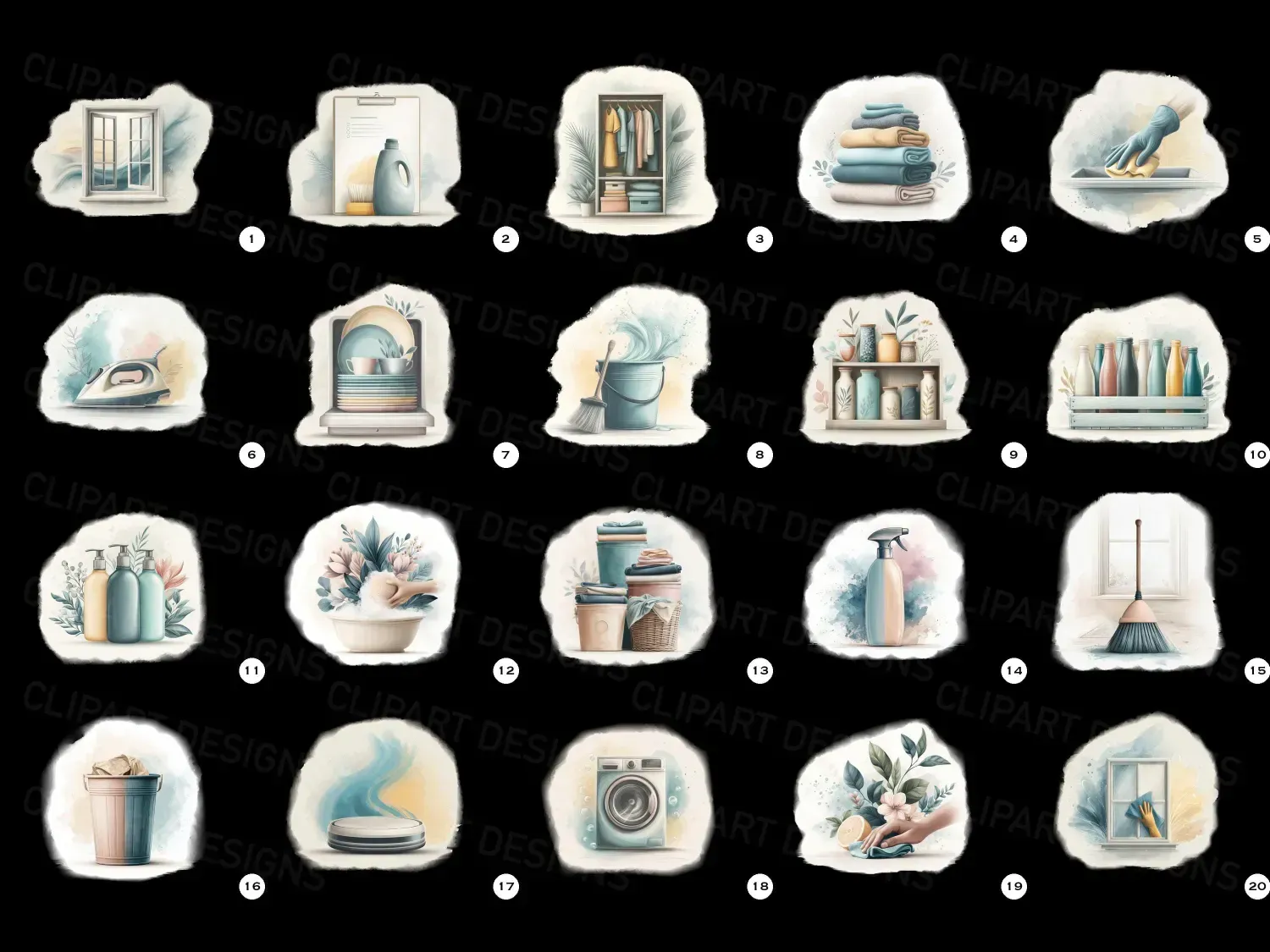 Transform your space with 20 enchanting watercolor chores cleaning clipart images! Perfect for cheerful decor and creative projects. Let your imagination flourish!