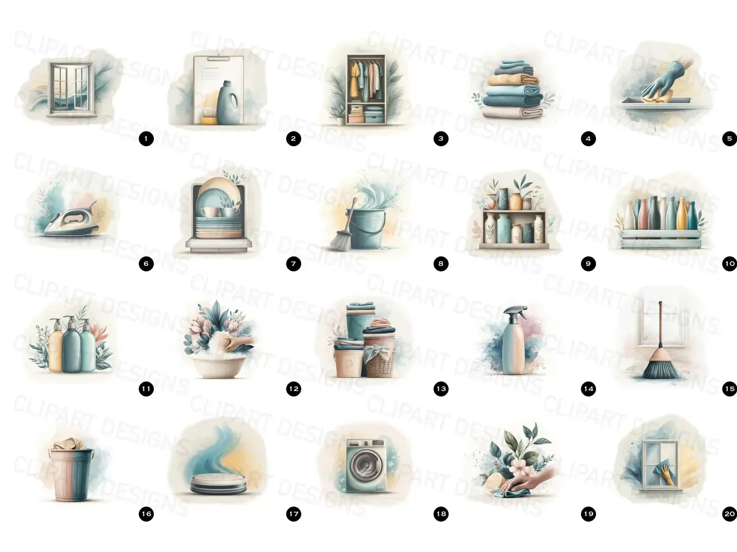 Transform your space with 20 enchanting watercolor chores cleaning clipart images! Perfect for cheerful decor and creative projects. Let your imagination flourish!