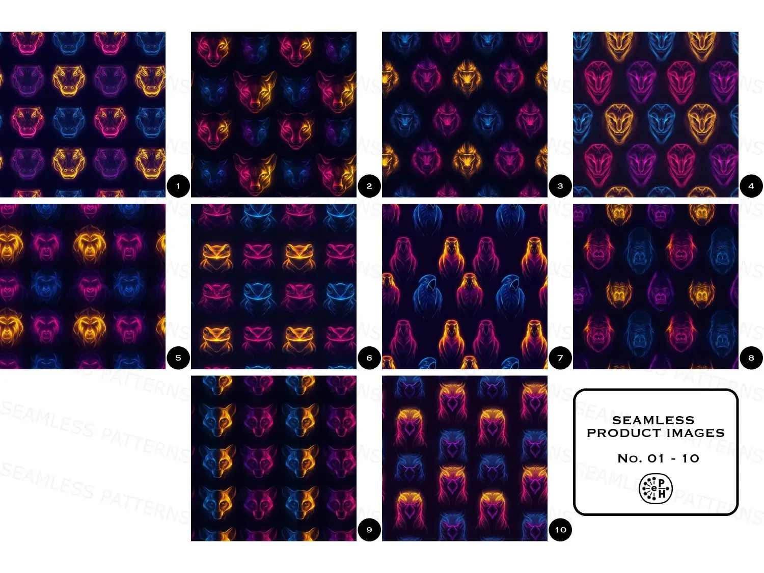 Ignite creativity with 20 vibrant neon jungle animal seamless pattern designs! Transform your projects with wild energy.