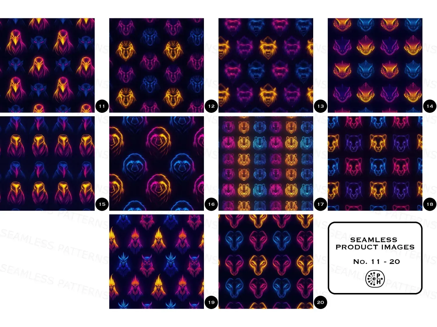 Ignite creativity with 20 vibrant neon jungle animal seamless pattern designs! Transform your projects with wild energy.