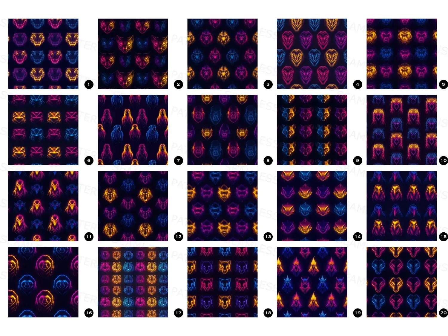 Ignite creativity with 20 vibrant neon jungle animal seamless pattern designs! Transform your projects with wild energy.