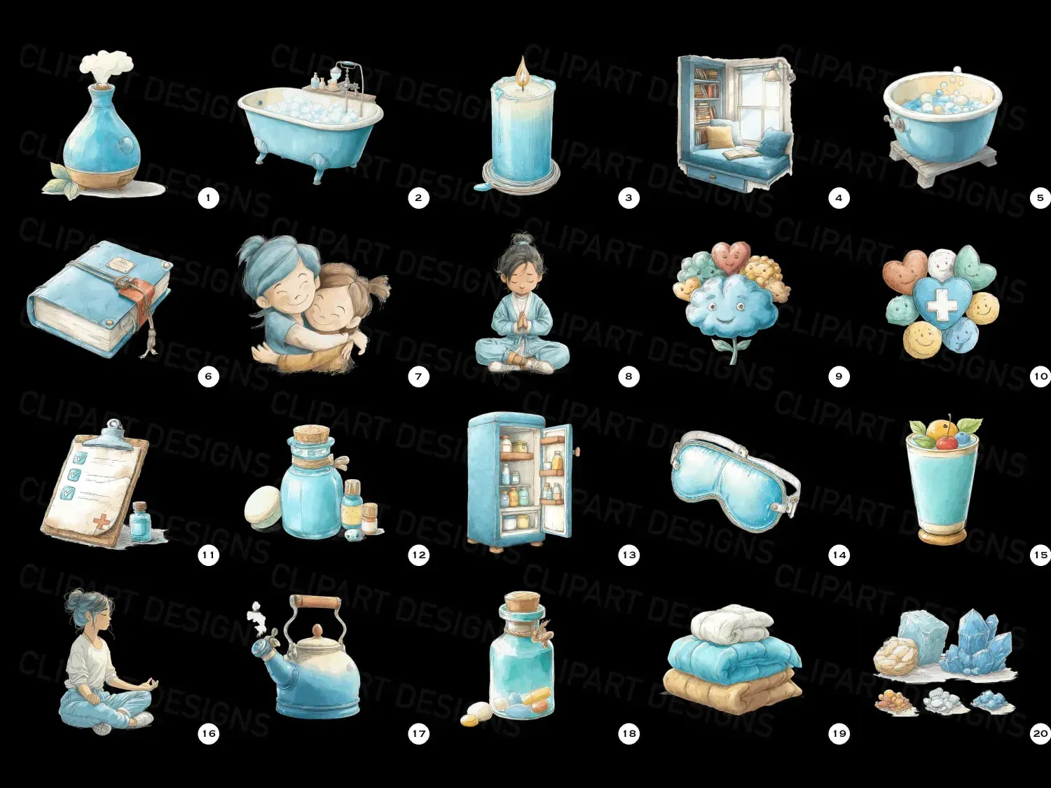 Transform your self-care routine with 20 adorable selfcare-themed watercolor style transparent clipart images. Perfect for Journals and Planner Usage.
