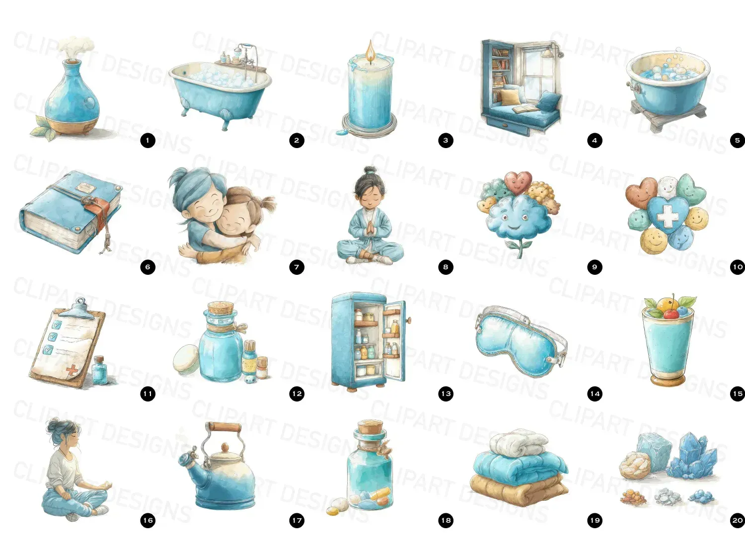 Transform your self-care routine with 20 adorable selfcare-themed watercolor style transparent clipart images. Perfect for Journals and Planner Usage.