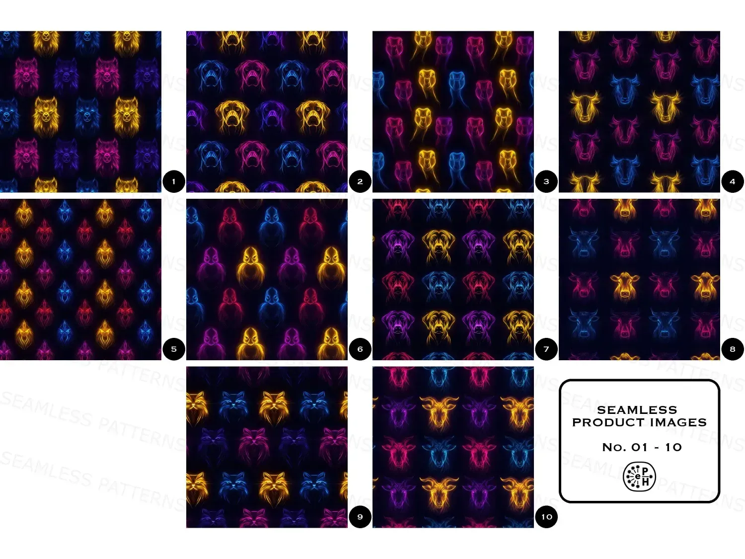 Light up your space with these 20 vibrant neon farm animal faces seamless patterns. Perfect for decor, DIY, and fashion.