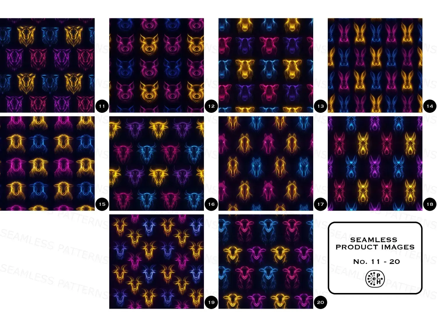 Light up your space with these 20 vibrant neon farm animal faces seamless patterns. Perfect for decor, DIY, and fashion.