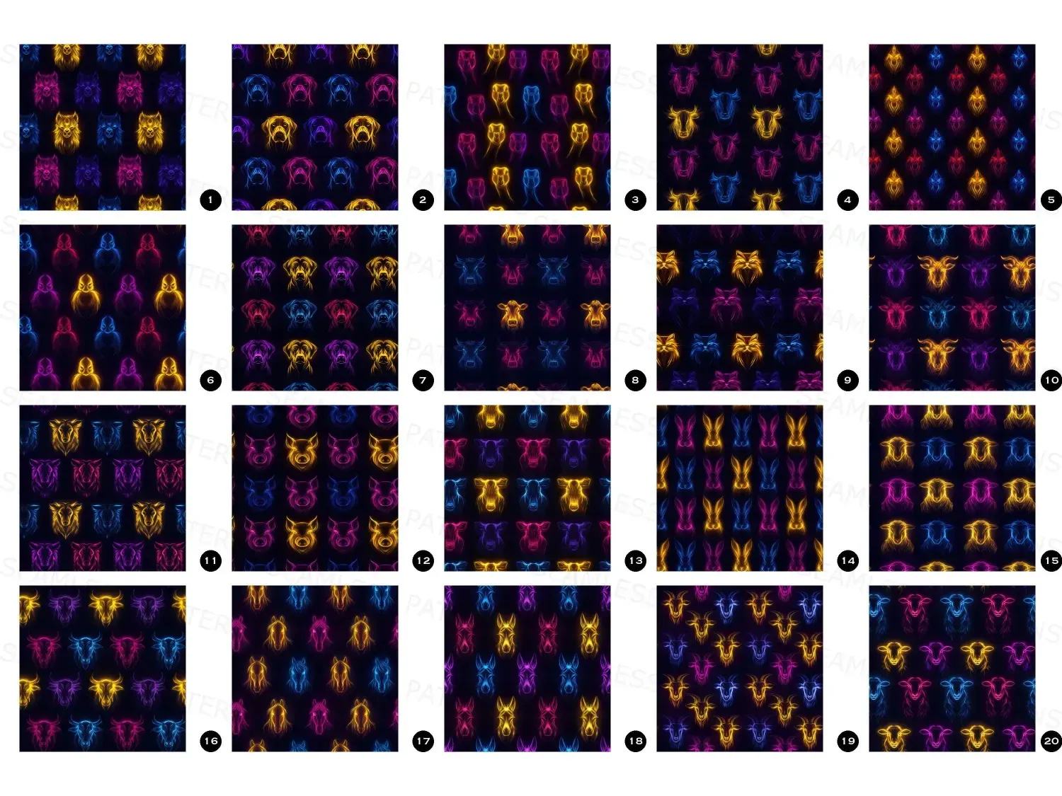 Light up your space with these 20 vibrant neon farm animal faces seamless patterns. Perfect for decor, DIY, and fashion.