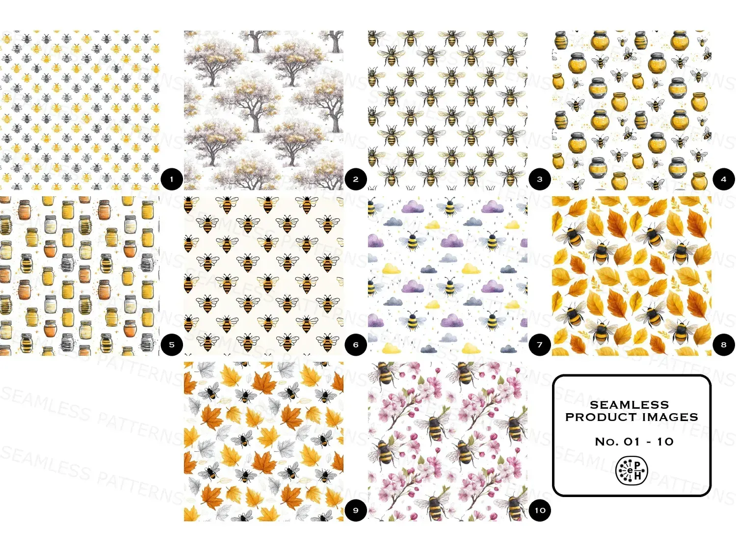 Find 20 bee-themed seamless pattern designs in this Bundle! For fabric, wallpaper, printing & crafts. Download now.