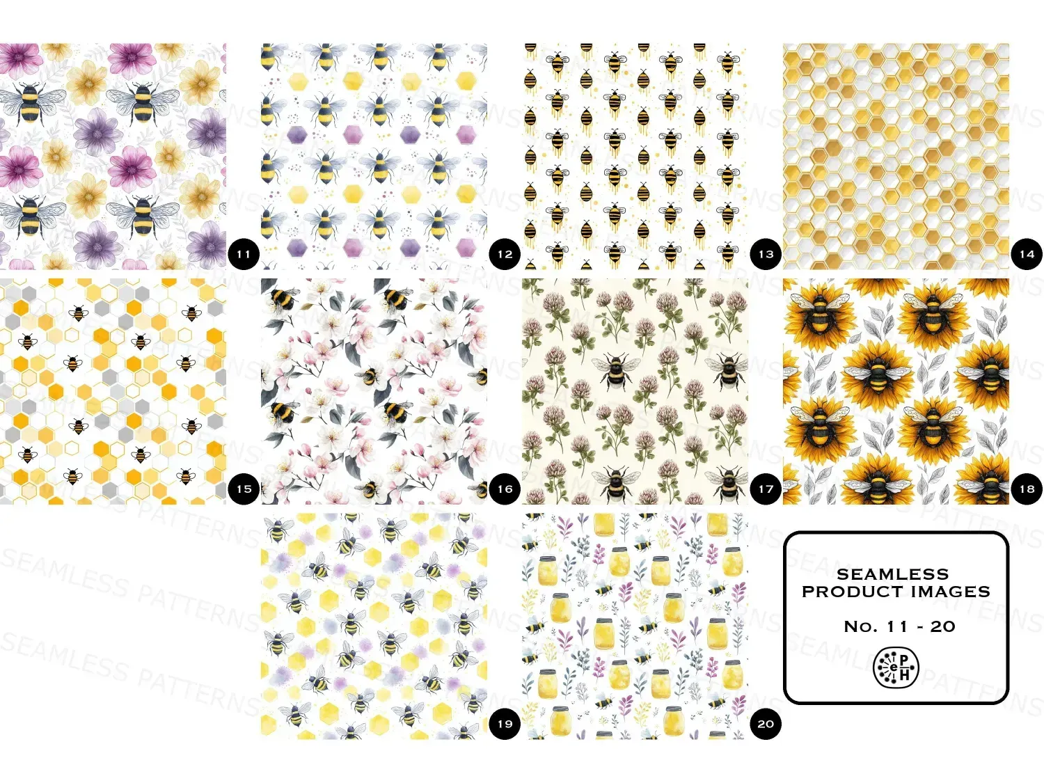 Find 20 bee-themed seamless pattern designs in this Bundle! For fabric, wallpaper, printing & crafts. Download now.