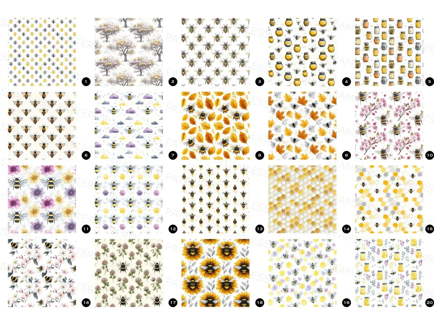 Find 20 bee-themed seamless pattern designs in this Bundle! For fabric, wallpaper, printing & crafts. Download now.