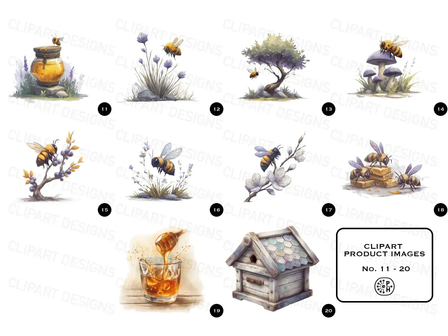 Watercolor bee clipart bundle with 20 cute designs. For joyful DIY projects. Transform your space with enchanting pastel designs!