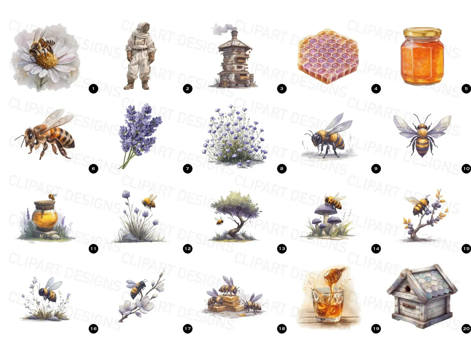 Watercolor bee clipart bundle with 20 cute designs. For joyful DIY projects. Transform your space with enchanting pastel designs!