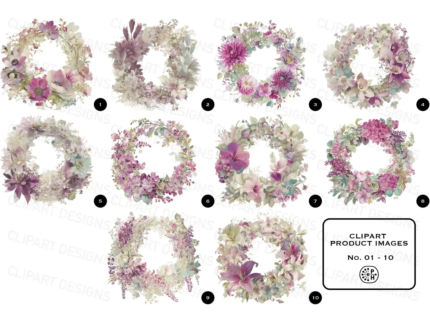 Enchant your decor with our transparent watercolor flower wreath clipart collection. 20 stunning magenta floral wreath clipart designs for your projects! For wedding creatives and diy projects.