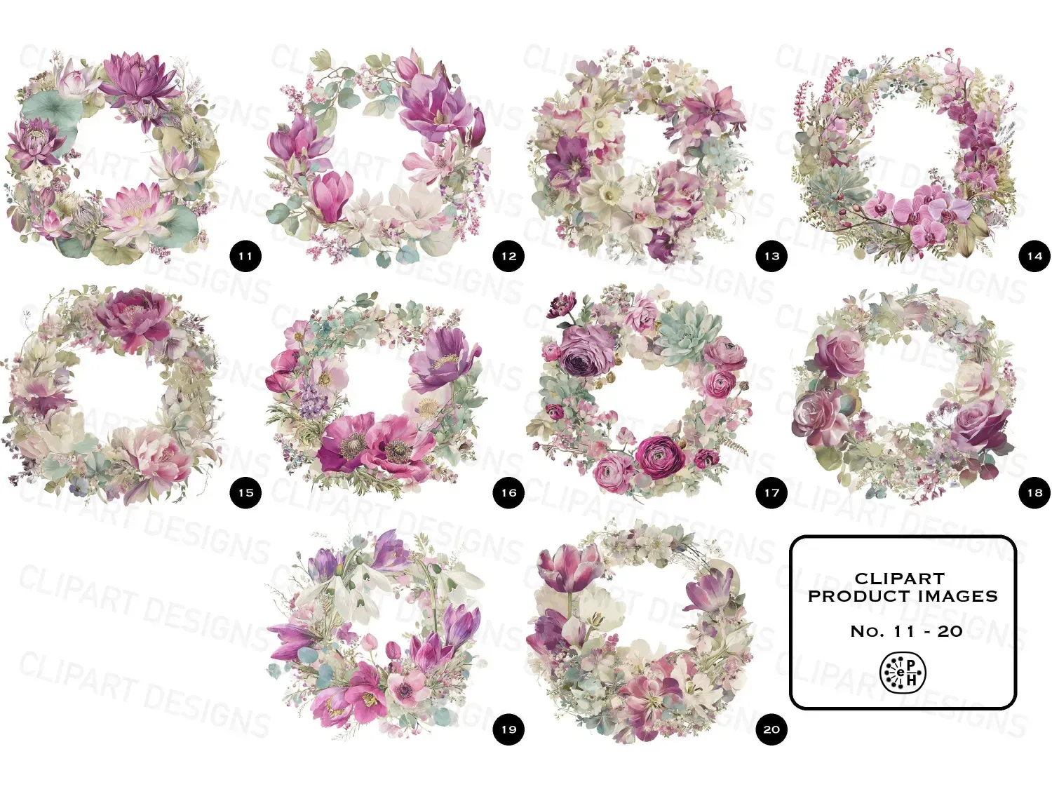 Enchant your decor with our transparent watercolor flower wreath clipart collection. 20 stunning magenta floral wreath clipart designs for your projects! For wedding creatives and diy projects.
